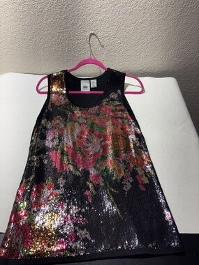 Girls' Sequin Floral Tank Dress - Black with Pink & Green Floral Accents